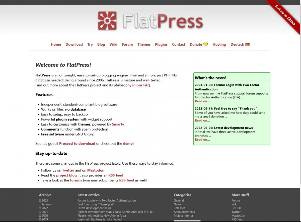 Flatpress CMS considers itself to be an independent, standard-compliant blog software, that works purely on files, with no database